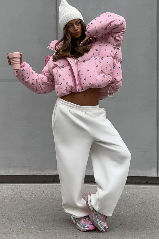 Floral Print Puffer Jacket with Hood