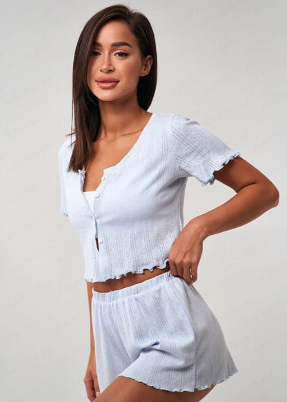 Ruffle Hem Short Sleeve Lounge Set – Light Blue