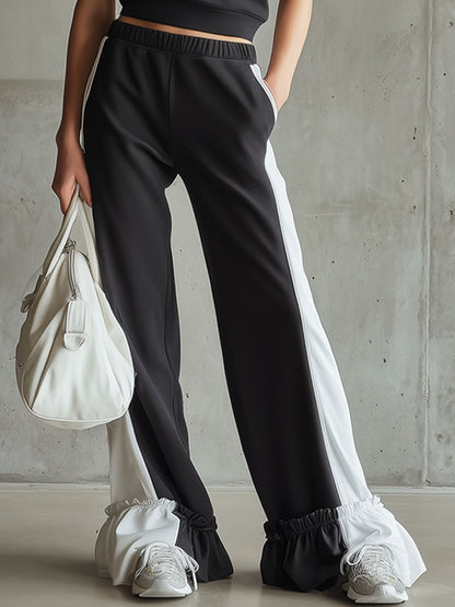 Retro Sporty Black And White Sleeveless Sweatshirt And Ruffled Pants Set