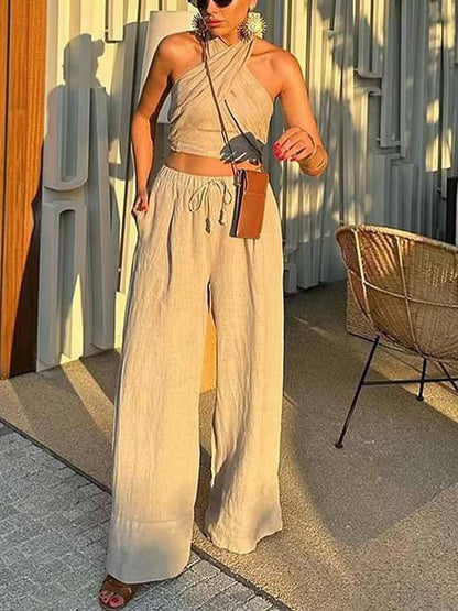 Cross Halter Tank Top And Wide Leg Pants Suit-Pants