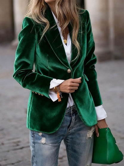 Elegant Red Velvet Lapel Collar One Button Long Sleeve Blazer