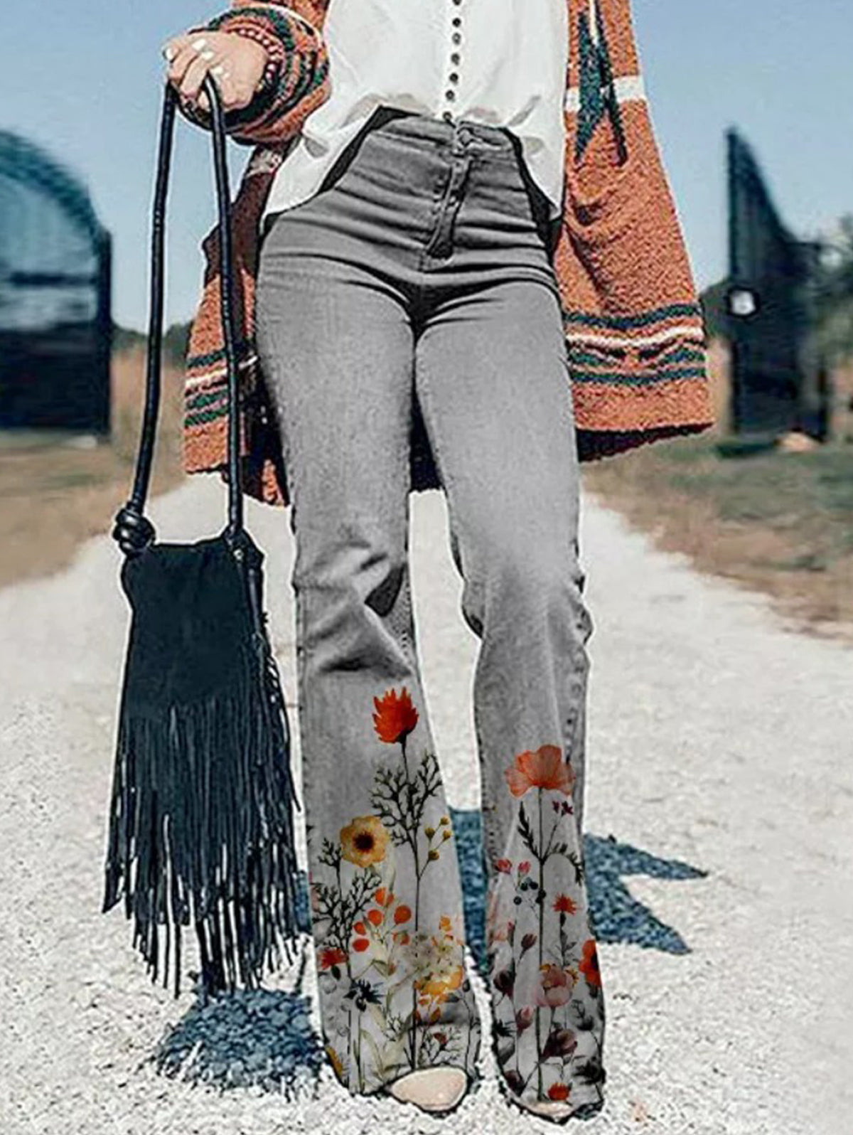 Casual High-rise Floral Pattern Flare Leg Jeans