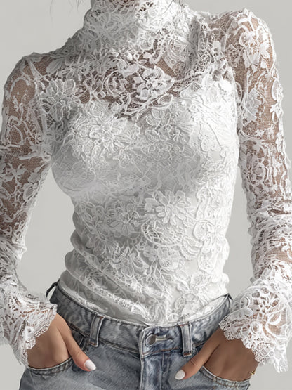 sheenchic White Sheer Lace High Neck Flare Sleeves Top & Camisole 2Pcs Set