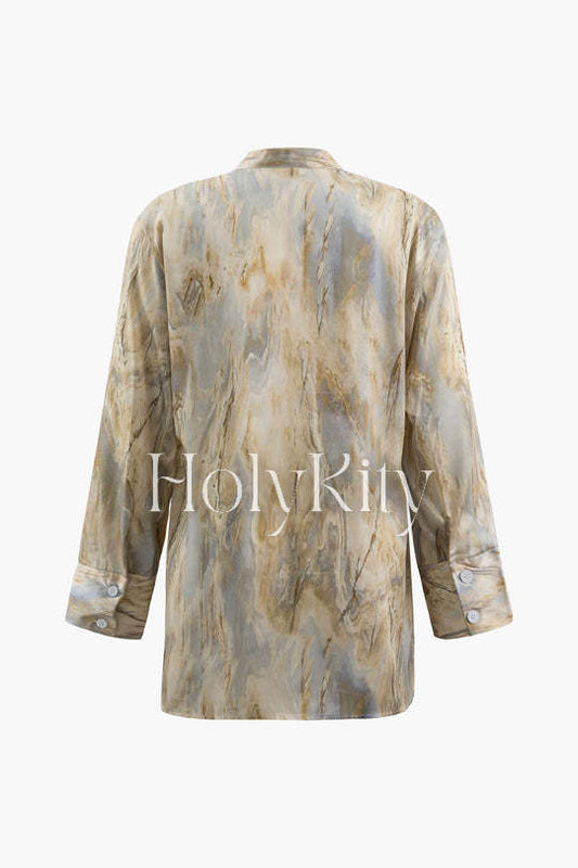 Marble Print Asymmetric Long Sleeve Blouse
