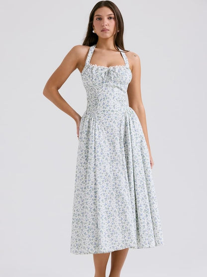 White Halter Backless Dress with Bluebell Floral Print