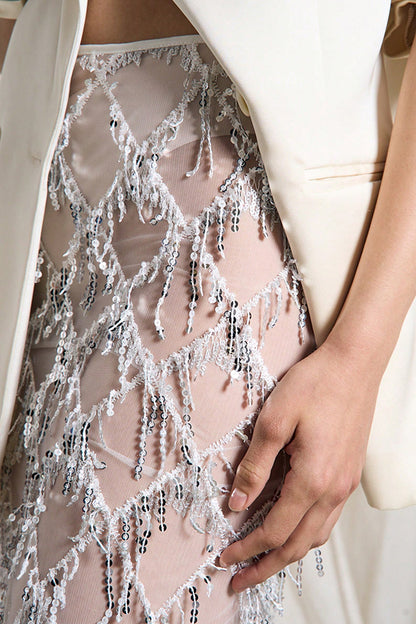 Sexy See-through Sequined Tassel Midi Skirt