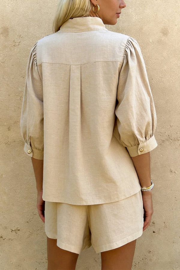 Linen Blend V-neck Puff Sleeve Shirt and Elastic Waist Loose Pocket Shorts Set