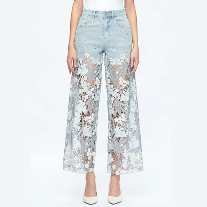Casual Floral Lace Patchwork Hollow Out Straight Denim Jeans