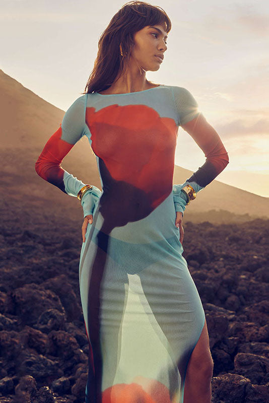 Abstract Print Sheer Maxi Dress