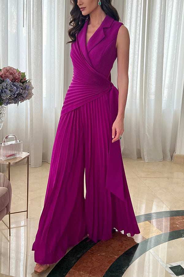 Solid Color Lapel Sleeveless Waist Tie Pleated Wide-leg Jumpsuit