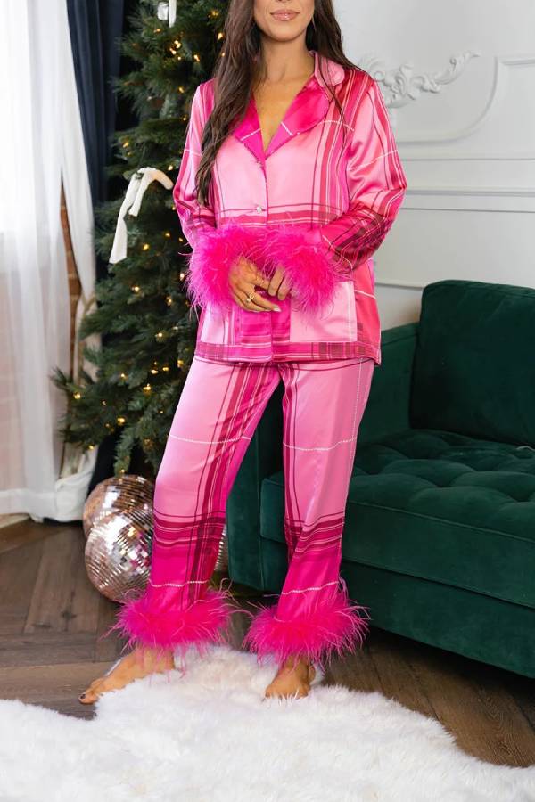 Christmas-themed satin feather-trimmed pajama set