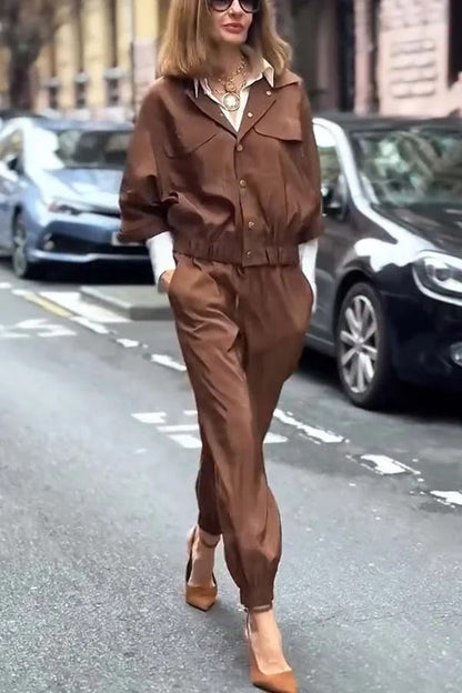 Street Charm Glossy Fabric Button Pocket Cargo Jacket and Elastic Waist Jogger Pants Set