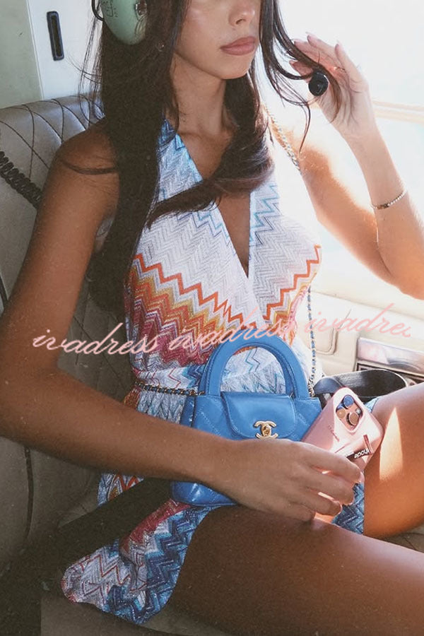 Eleanor Knit Colorful Zigzag Pattern Halter V-neck Tie-up Loose Romper