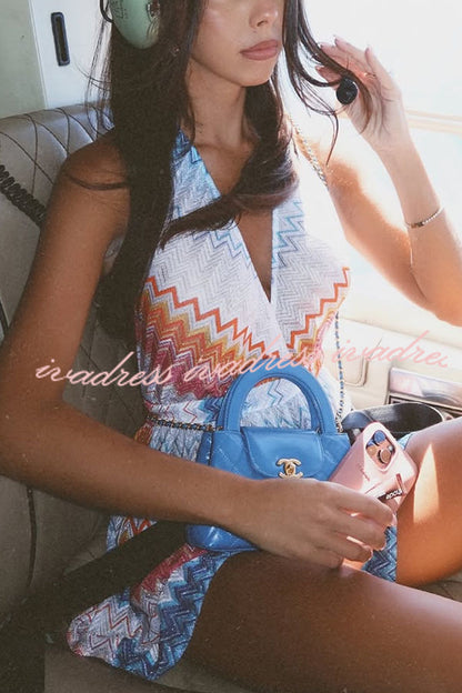 Eleanor Knit Colorful Zigzag Pattern Halter V-neck Tie-up Loose Romper