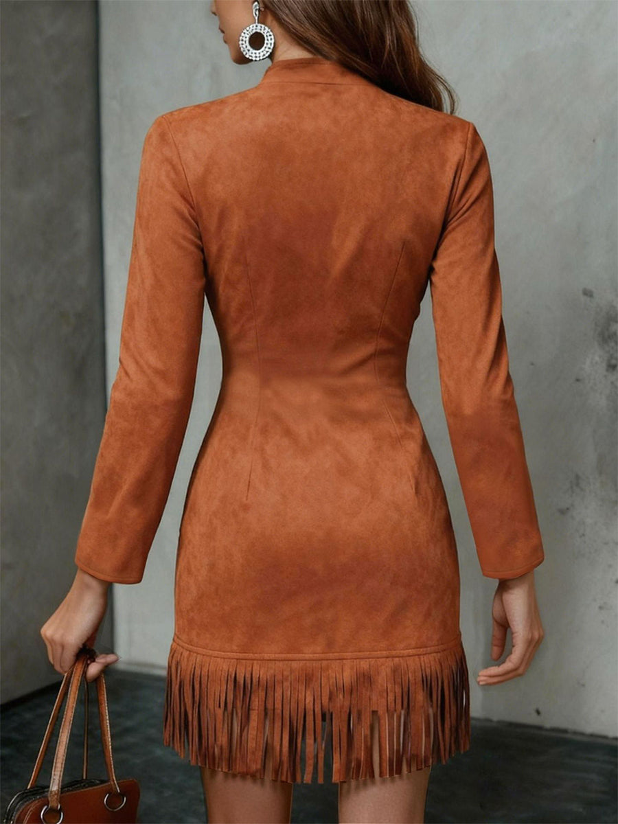 Daily Brown Stand-Up Collar Long Sleeve Strappy Western Zipper Chamois Mini Dresses