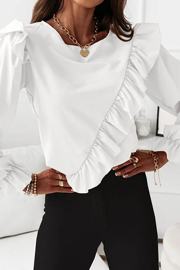 Fashion Elegant Solid Split Joint Flounce O Neck Tops(4 colors)