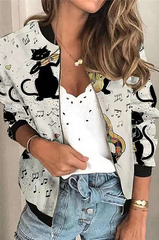 Casual Print Patchwork Zipper Mandarin Collar Outerwear(8 Colors)