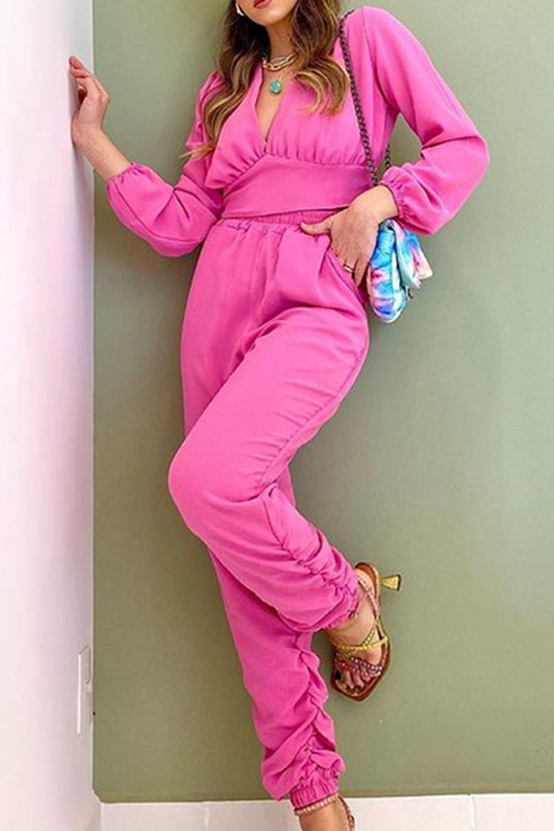 Casual Solid Fold V Neck Long Sleeve Two Pieces