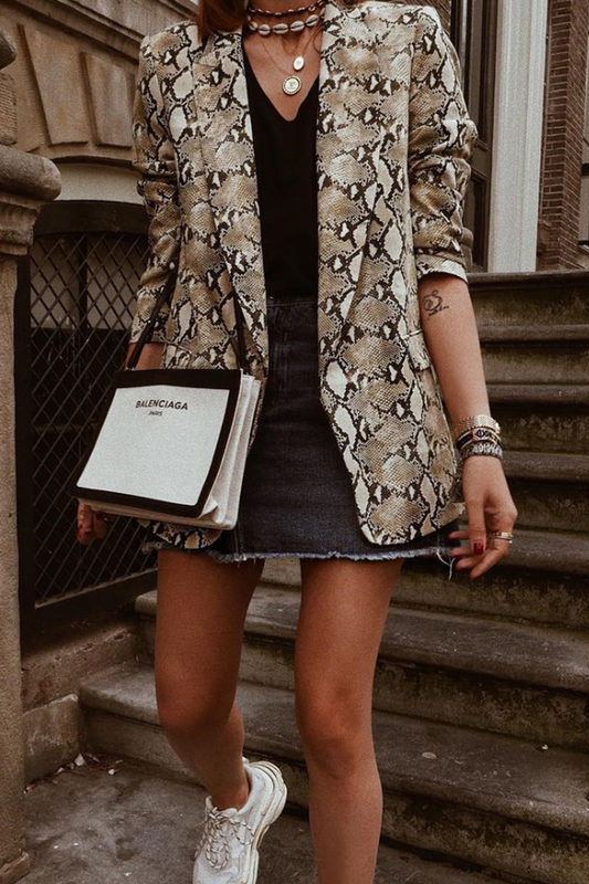 Fashion Print Split Joint Turndown Collar Outerwear