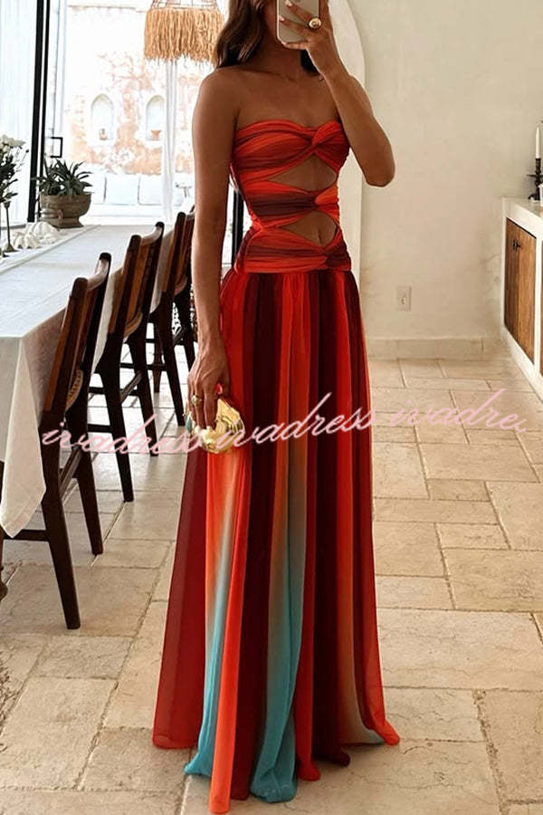 Vestido largo de vacaciones con hombros descubiertos, aberturas torcidas y estampado de malla Sardinia Sunset