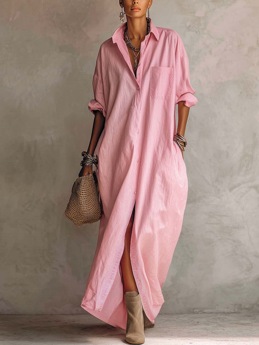 sheenchic Vacation Pink Shirt Collar Short Sleeve Pocket Casual Split Maxi Dresses [Pre-Order]