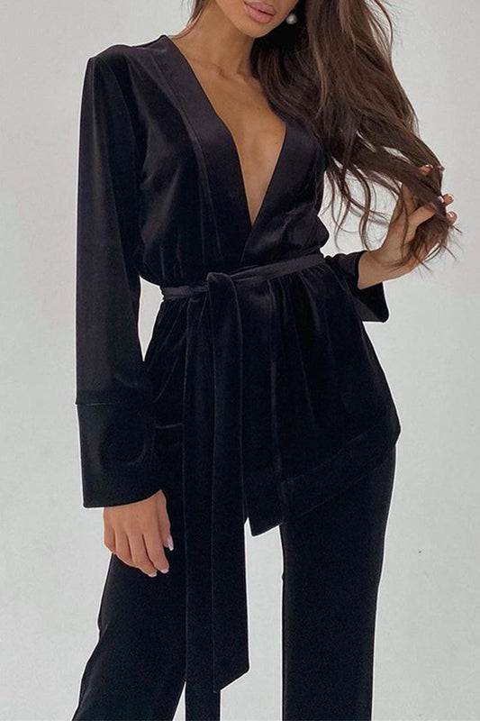 Elegant Solid Frenulum V Neck Long Sleeve Two Pieces(3 Colors)