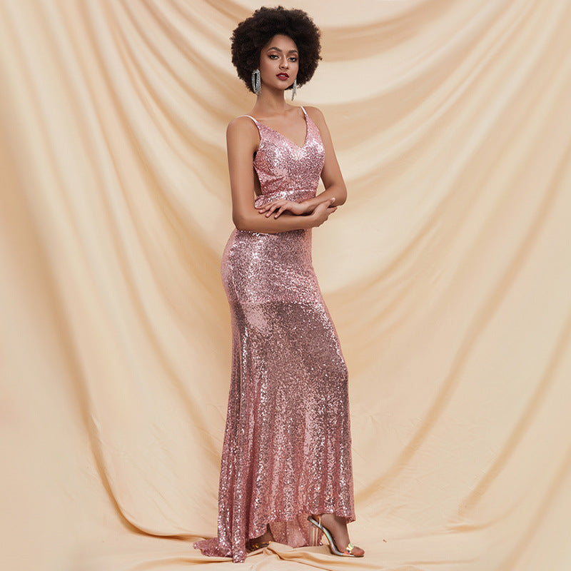 Party Dress Backless Bow Sequined Shiny Sleeveless Strap Trailing Evening