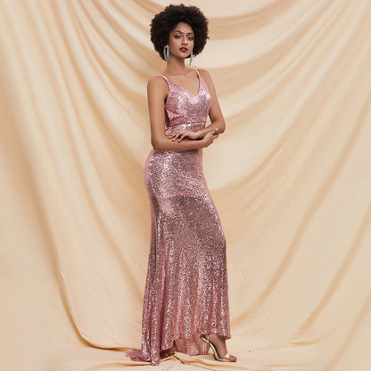 Party Dress Backless Bow Sequined Shiny Sleeveless Strap Trailing Evening