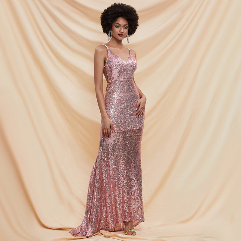 Party Dress Backless Bow Sequined Shiny Sleeveless Strap Trailing Evening