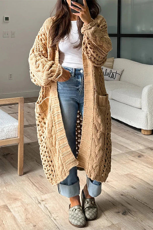 Knit Cable Cotout Long Sleeve Pocket Oversized Midi Cardigan
