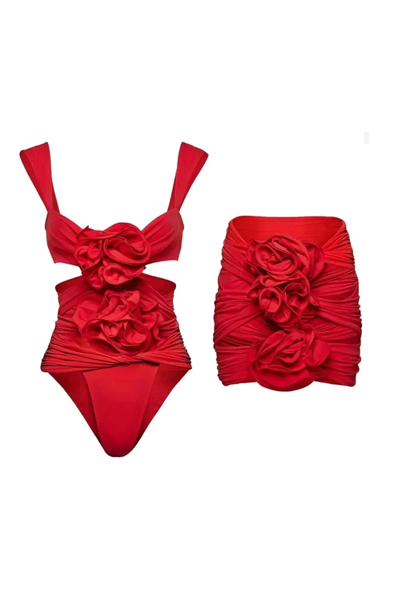 Red Cutout Floral Appliqué Strappy Swimsuit