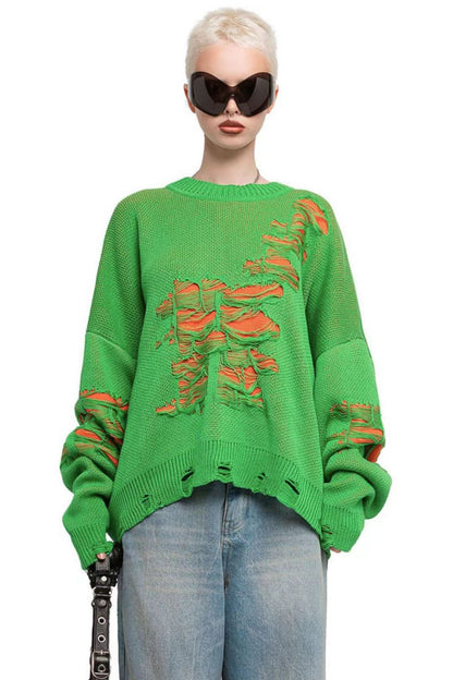 Colorblock Ripped Relaxed Sweater