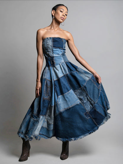 sheenchic Cocktail Party Blue Boat Neck Contrast Vintage Trimmings Denim Maxi Dresses [Pre-Order]