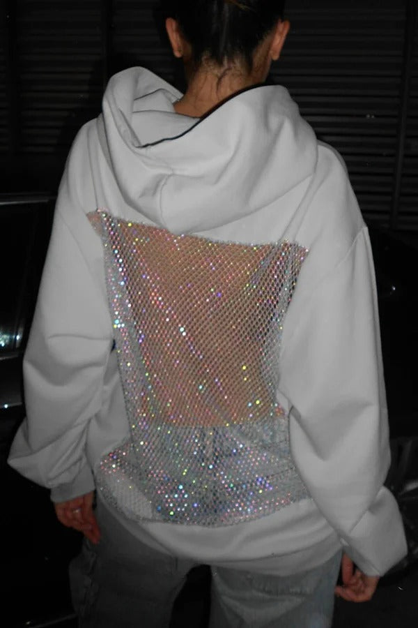 Fashionable Shiny Mesh Hollow Back Loose Long-sleeved Hooded Sweatshirt