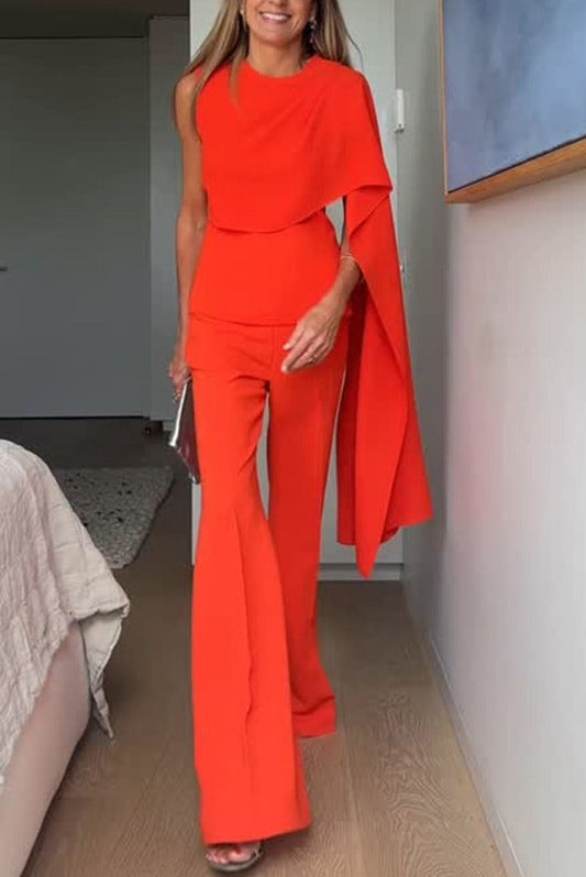 Perfect Balance Asymmetric Draped Cape Top and High Waist Flared Pants Set