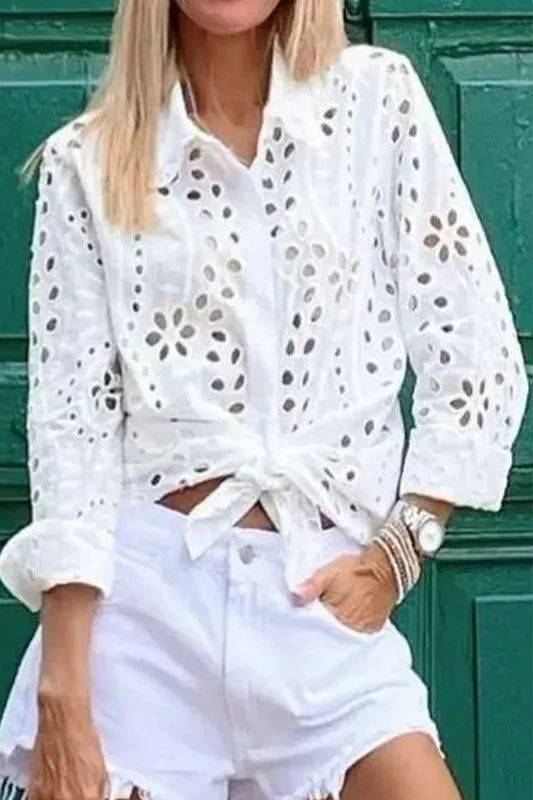 Casual Solid Hollowed Out Turndown Collar Blouses