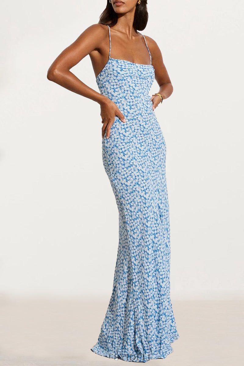 Sexy Vintage Print Flowers Backless Strap Design U Neck One Step Skirt Dresses(3 Colors)