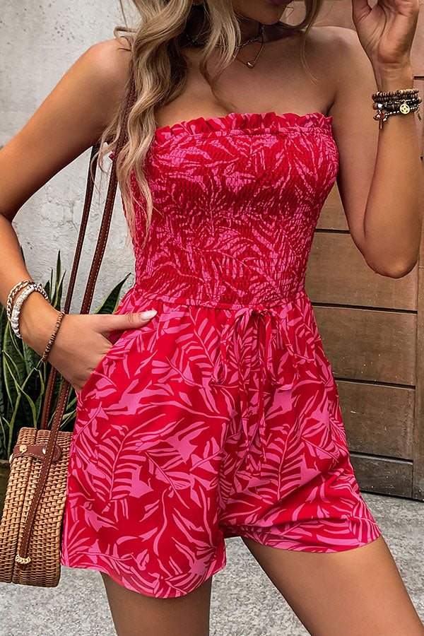 Plant Print Tube Top Lace-up Pleated Casual Rompers