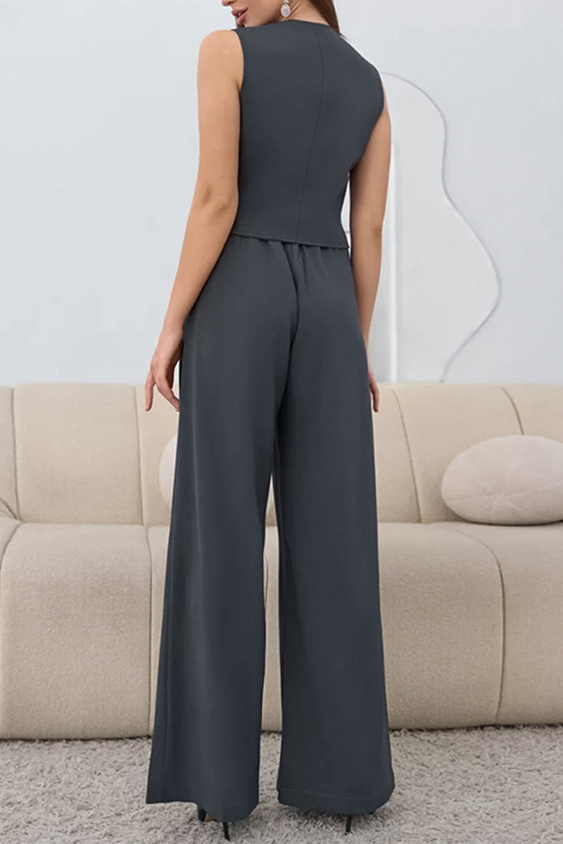 Casual Daily Buckle Ruched V Neck Sleeveless Two Pieces