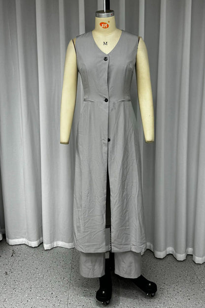 Casual Street Solid Color Pocket Buttons V Neck Sleeveless Two Pieces