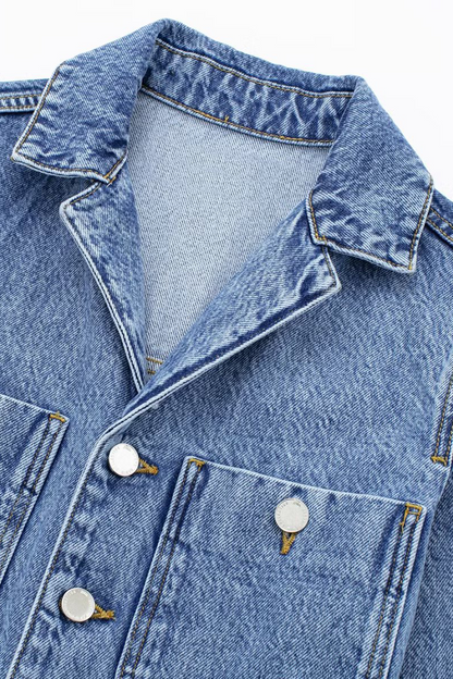 Casual Street Solid Color Pocket Buttons Turndown Collar Long Sleeve Loose Denim Jumpsuits