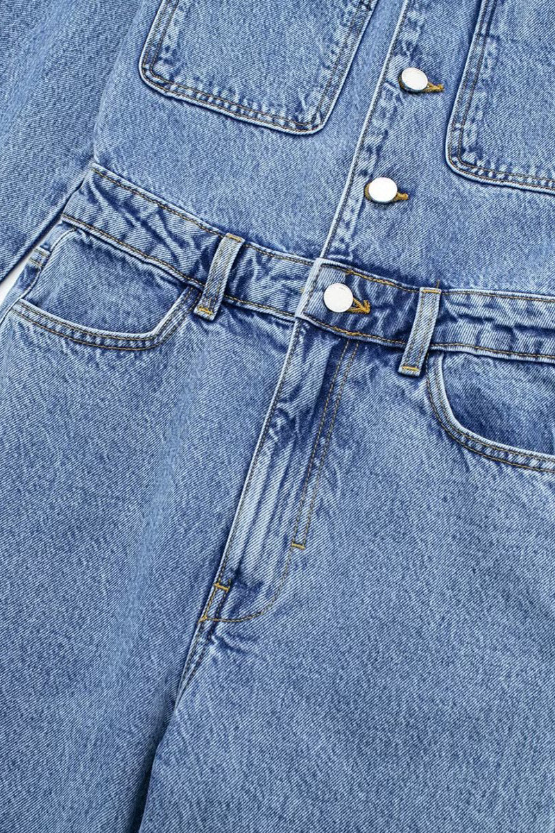 Casual Street Solid Color Pocket Buttons Turndown Collar Long Sleeve Loose Denim Jumpsuits