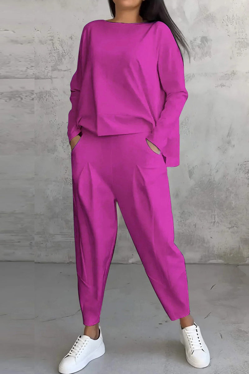 Casual Solid Color Pocket O Neck Long Sleeve Two Pieces(9 Colors)