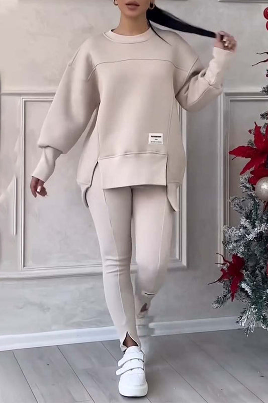 Casual Daily Letter Print Patchwork Slit O Neck Long Sleeve Two Pieces(6 Colors)