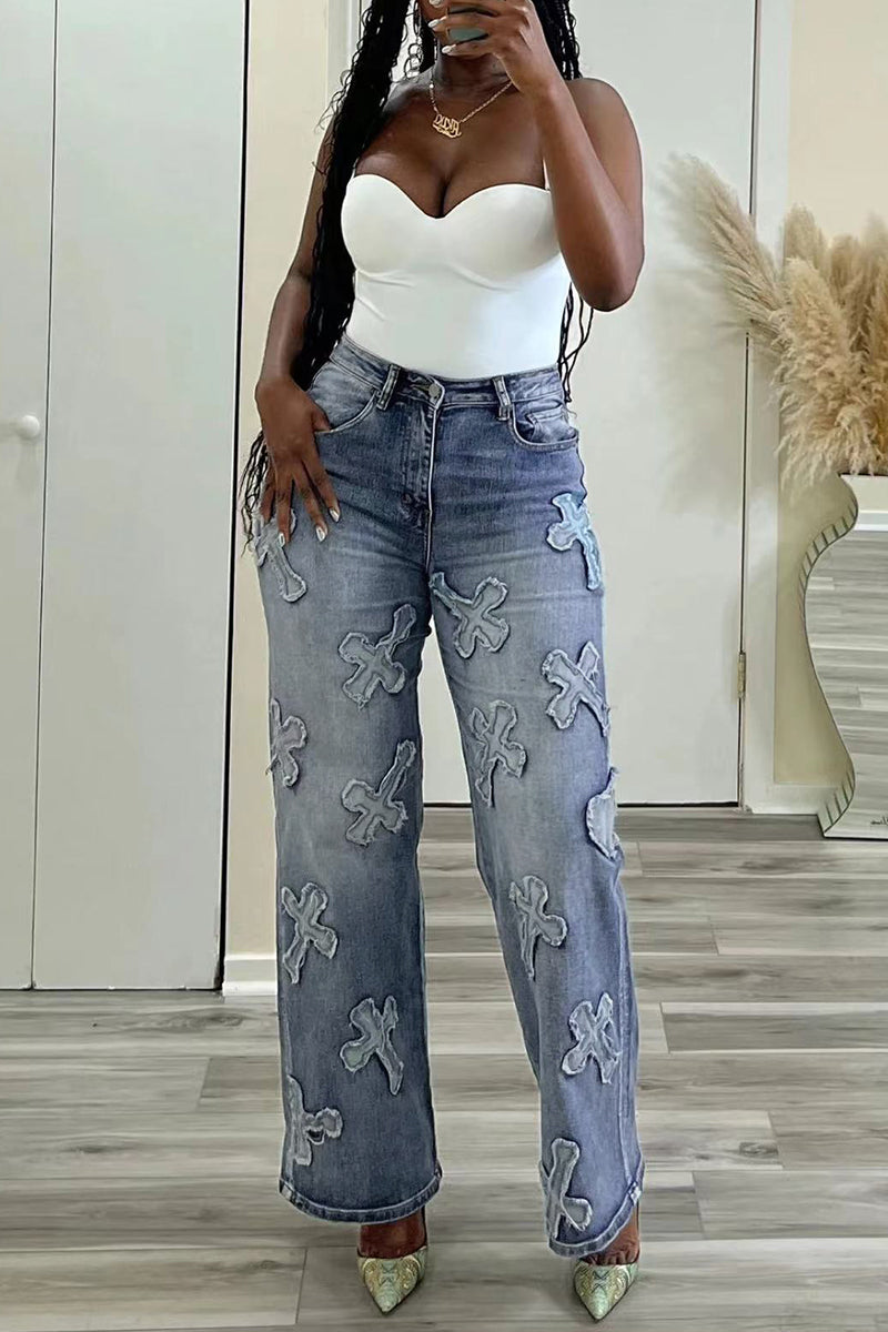 Casual Patchwork Basic High Waist Straight Denim Jeans