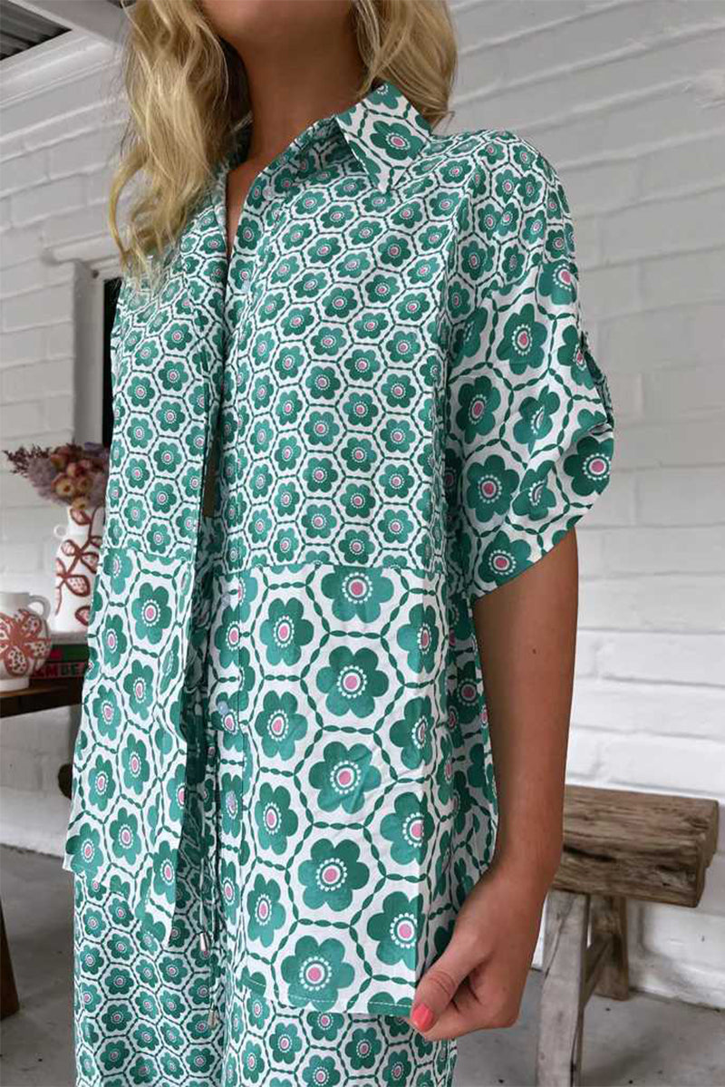 Casual Vacation Geometric Print Contrast Turndown Collar Short Sleeve Two Pieces
