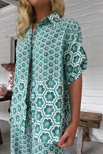Casual Vacation Geometric Print Contrast Turndown Collar Short Sleeve Two Pieces