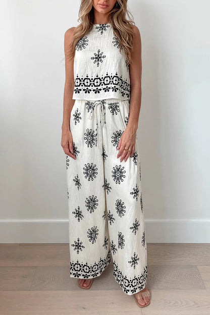 Casual Geometric Print Lace Up O Neck Sleeveless Two Pieces