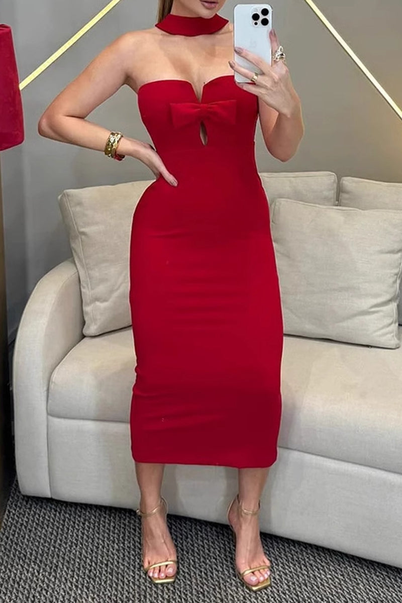 Sexy Bow Decor Halter One Step Skirt Dresses