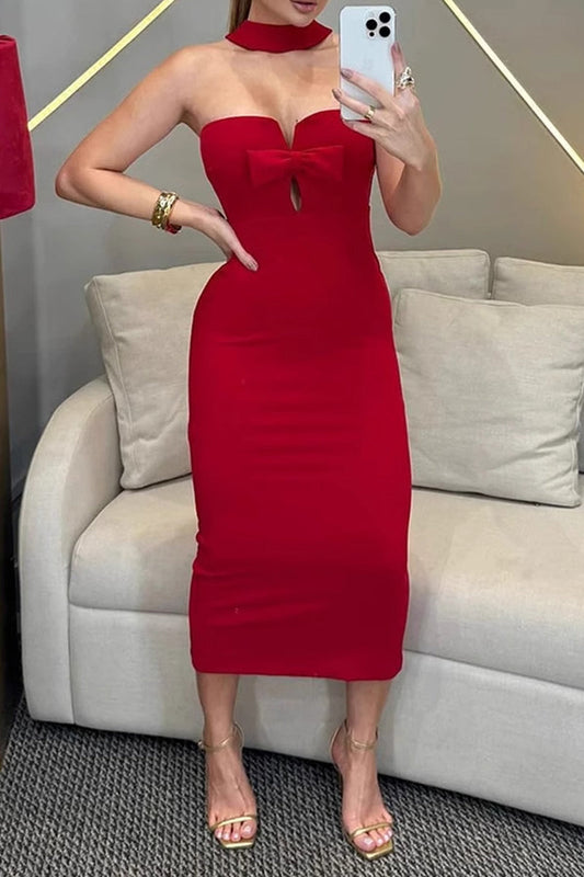 Sexy Bow Decor Halter One Step Skirt Dresses